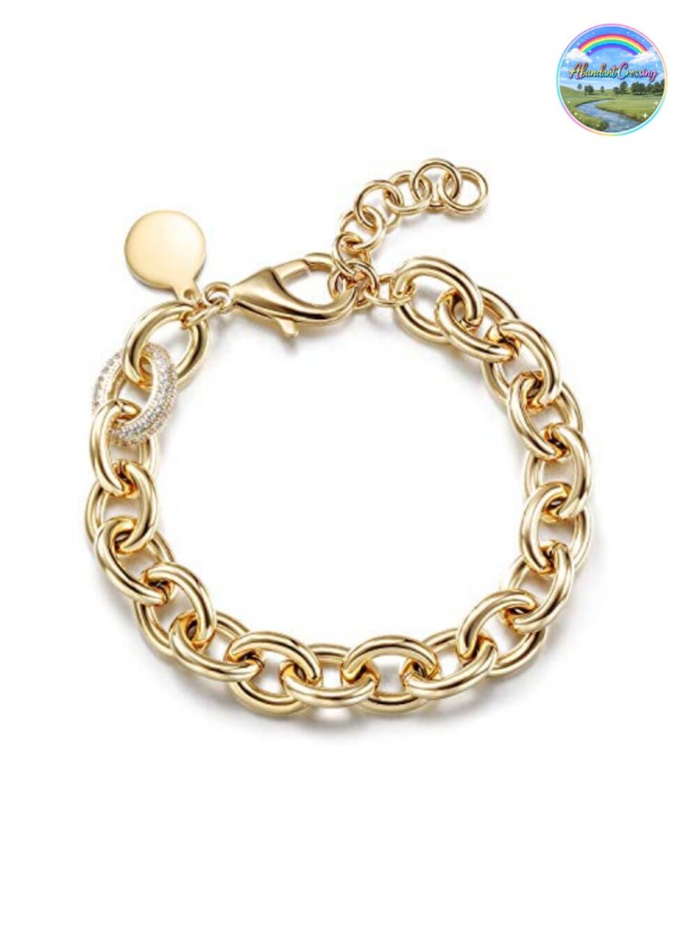 14K Gold Plated Stainless Steel Link Chain Bracelet with CZ Accent Adjustable